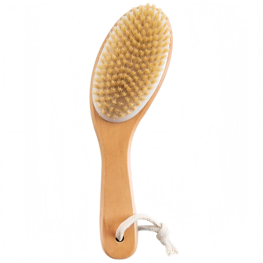 Cepillo LONGCO con mango de madera contorneado para limpieza seca de la piel.