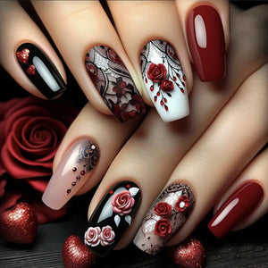 LOPMNGHT uñas falsas con rosas rojas y encaje negro para un look elegante