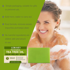 Loravey jabon-arbol-te-aceite, limpieza profunda con aroma herbal.