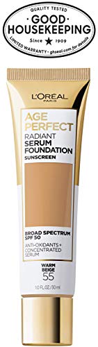 L'Oréal Paris Age Perfect Foundation SPF50, rostro iluminado con textura suave.