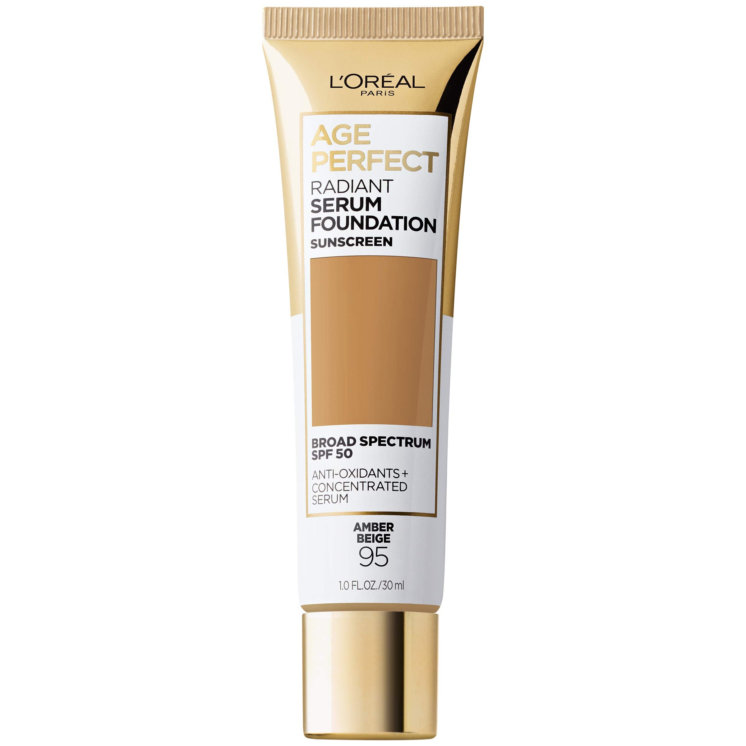 L'Oreal Paris Age Perfect Fundación Iluminadora con SPF50 para tono uniforme en piel madura.