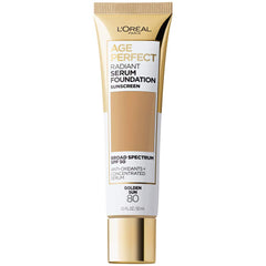 L'Oreal Paris Age Perfect fundación radiante SPF50 en frasco, tono Sol Dorado, para tono uniforme.