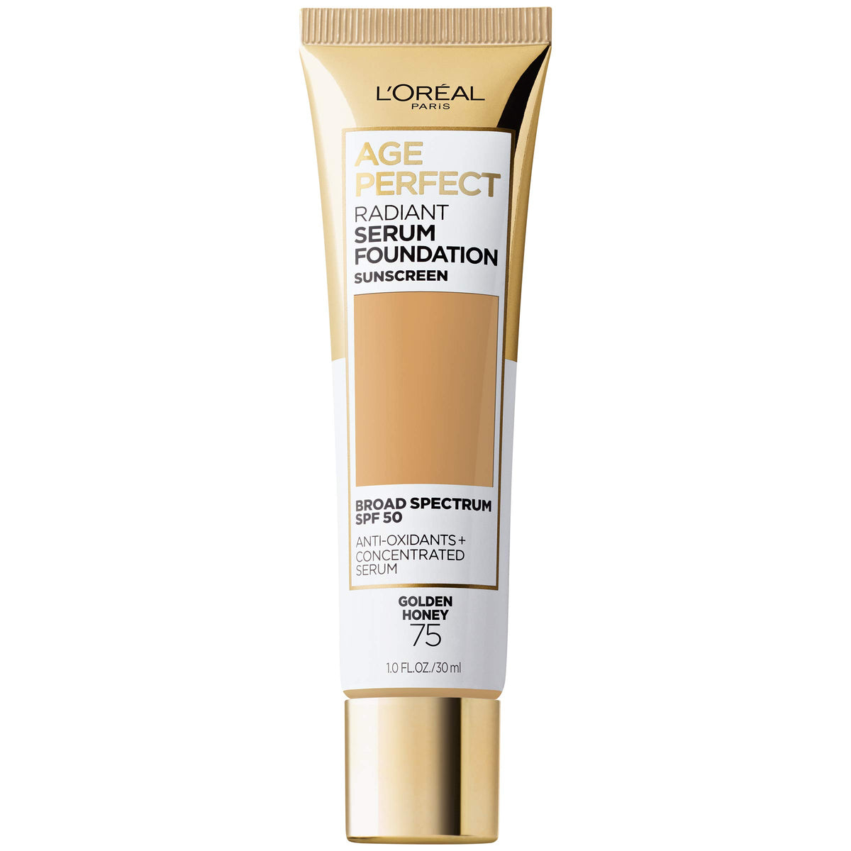 Base L'Oreal Paris Age Perfect Radiant Serum Foundation con FPS 50, botella tono miel dorado