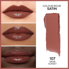 L'Oreal Paris Colour Riche Satin Seine Sunset: tono cálido y versátil para diario.