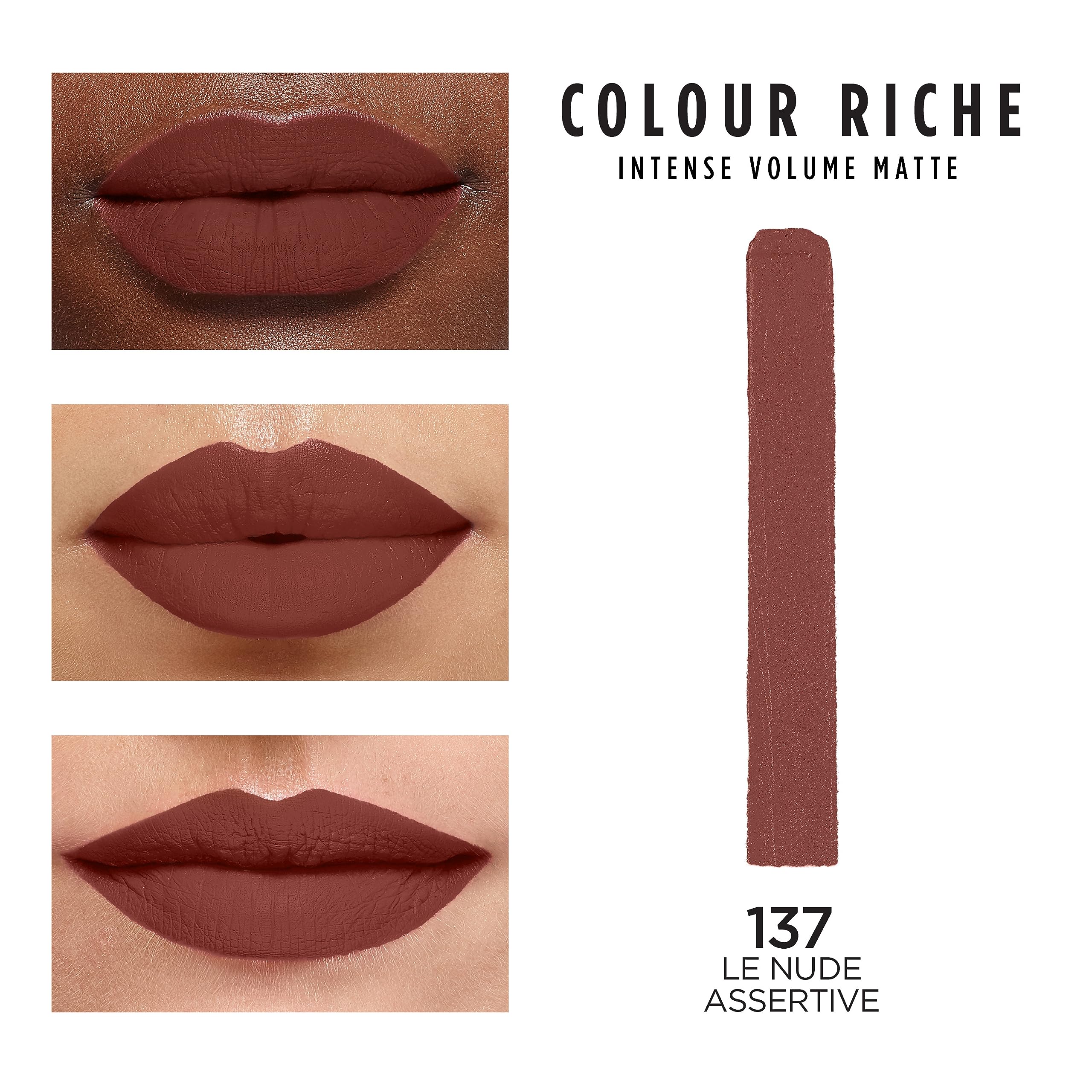L'Oréal Paris Colour Riche Intense Volume Matte Le Nude Assertive, textura suave con ácido hialurónico.
