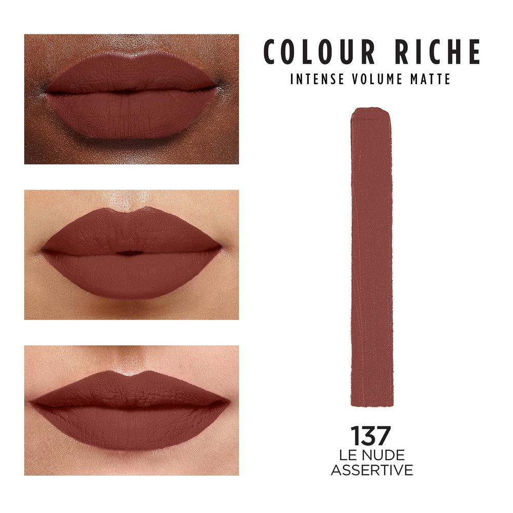 L'Oréal Paris Colour Riche Intense Volume Matte Le Nude Assertive, textura suave con ácido hialurónico.