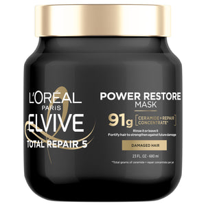 L'Oréal Paris Elvive TR5 Power Restore, bote frontal, fortalece la fibra capilar para el día.