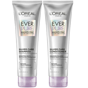 L’Oréal Paris EverPure Silver Care shampoo bottle highlighting a sulfate-free formula for bright gray hair