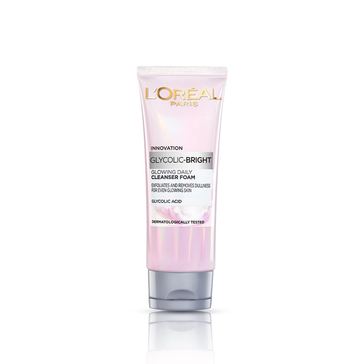 L’Oréal Paris Glycolic Bright: botella del limpiador facial espumoso para uso diario.