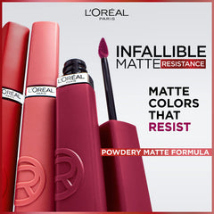 L’Oréal Paris Infallible Labial Líquido Mate, duración de 16 horas sin transferencia.