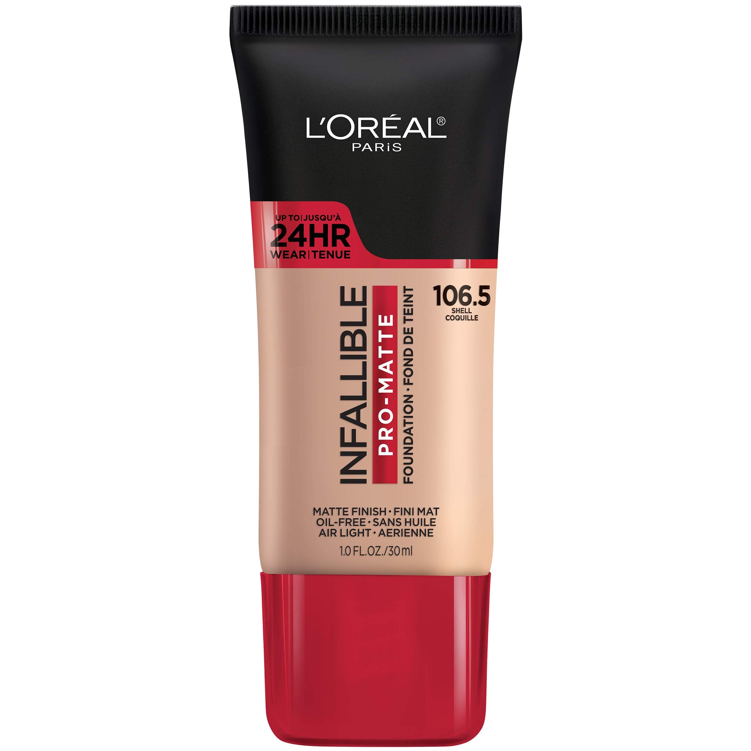 Base de maquillaje Infallible Pro-Matte de L'Oreal Paris, botella, cobertura estable durante todo el día.