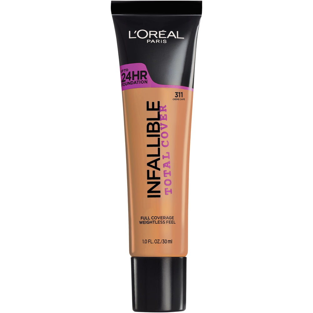 L’Oréal Paris Infallible Total Cover, botella, cobertura completa y acabado natural para la piel.