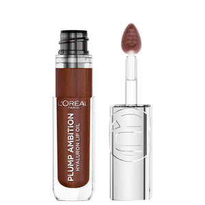 L'Oreal Paris Plump Ambition Hyaluron Lip Oil muestra labios hidratados con acabado brillante tipo vidrio