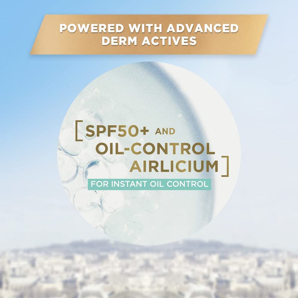L’Oréal Paris protector solar, acabado-seco, ideal para uso diario en piel grasa.