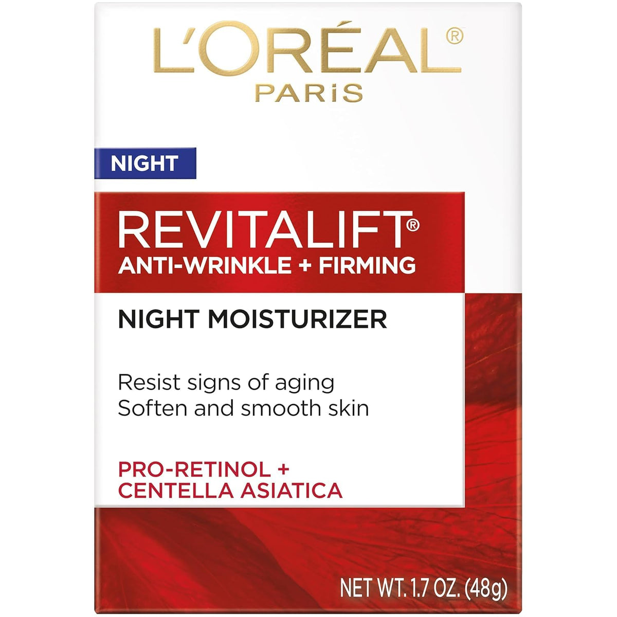L'Oréal Paris RevitaLift crema noche antiarrugas: envase elegante que sugiere hidratación nocturna.