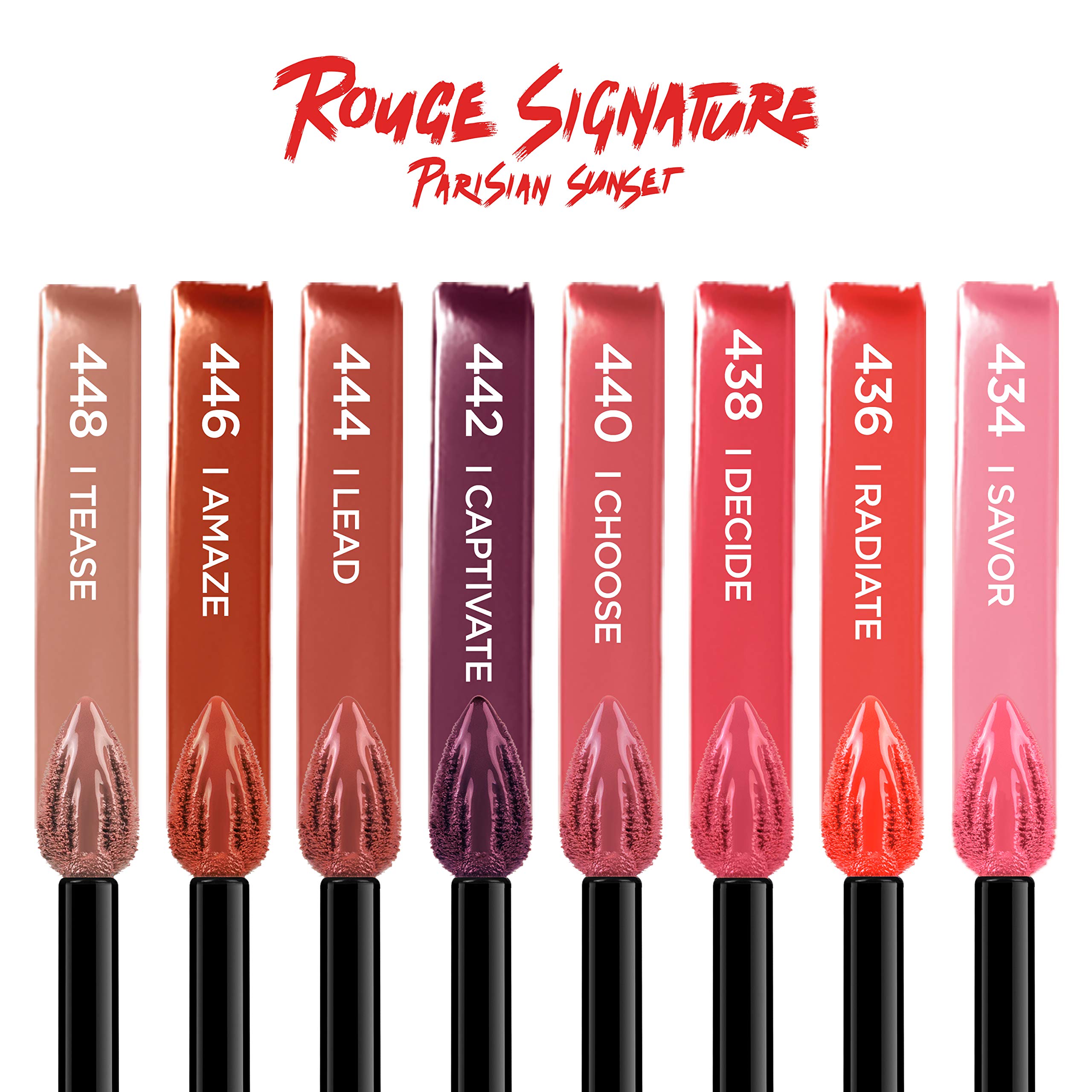 Muestras de tonos de Rouge Signature desde rojos hasta nude parisinos