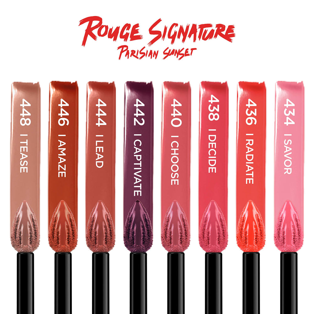 Muestras de tonos de Rouge Signature desde rojos hasta nude parisinos