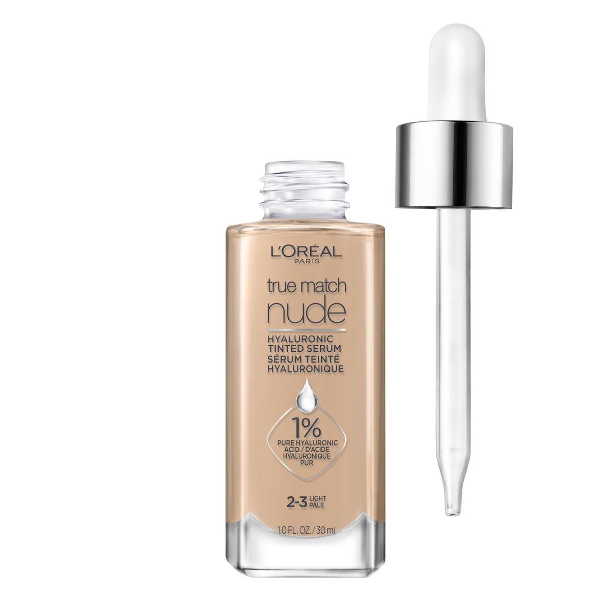 L'Oreal Paris True Match Nude Hyaluronic Serum: botella con hidratación ligera y brillo natural.