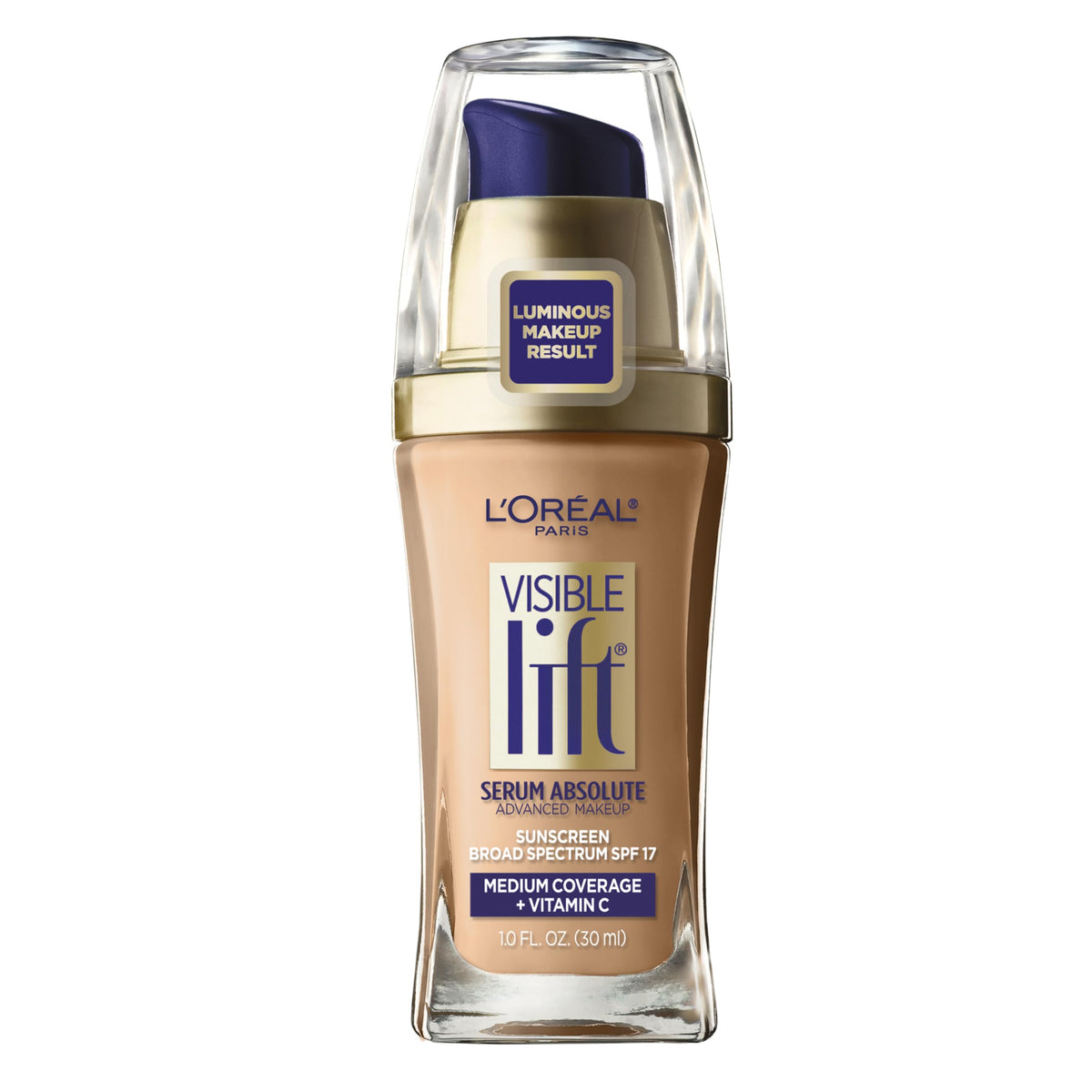 L’Oréal Paris Visible Lift Serum Absolute en Sand Beige, empaque con tono uniforme y protección SPF 17.