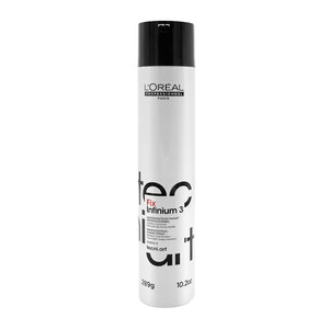 L’Oréal Professionnel Paris Fix Infinium 3: botella frontal, acabado suave y brillo duradero.