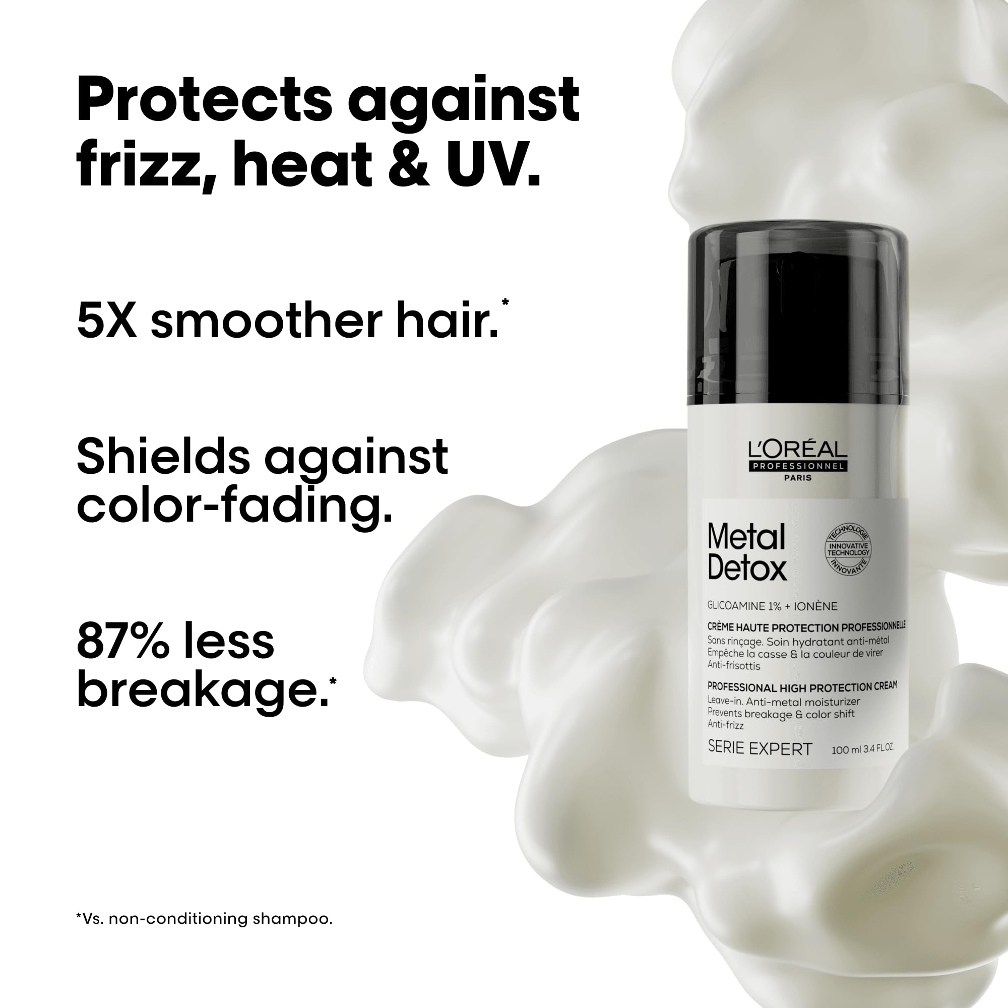 L’Oréal Professionnel Paris Metal Detox protección UV y calor hasta 450°F para el cabello.
