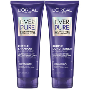 L’Oréal Paris EverPure shampoo tono violeta en botella, neutraliza brillos amarillos.