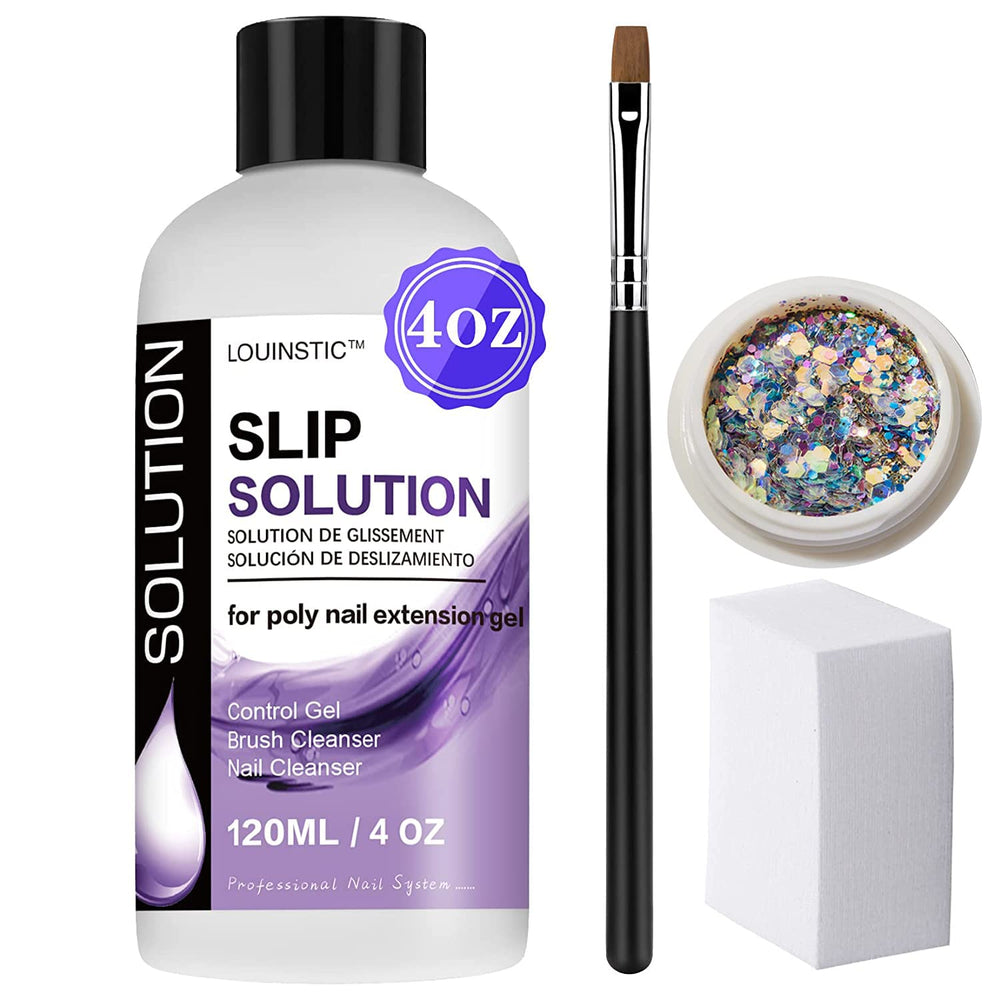 LOUINSTIC Solución deslizante para poligel en botella, facilita extensión suave y aplicación limpia.