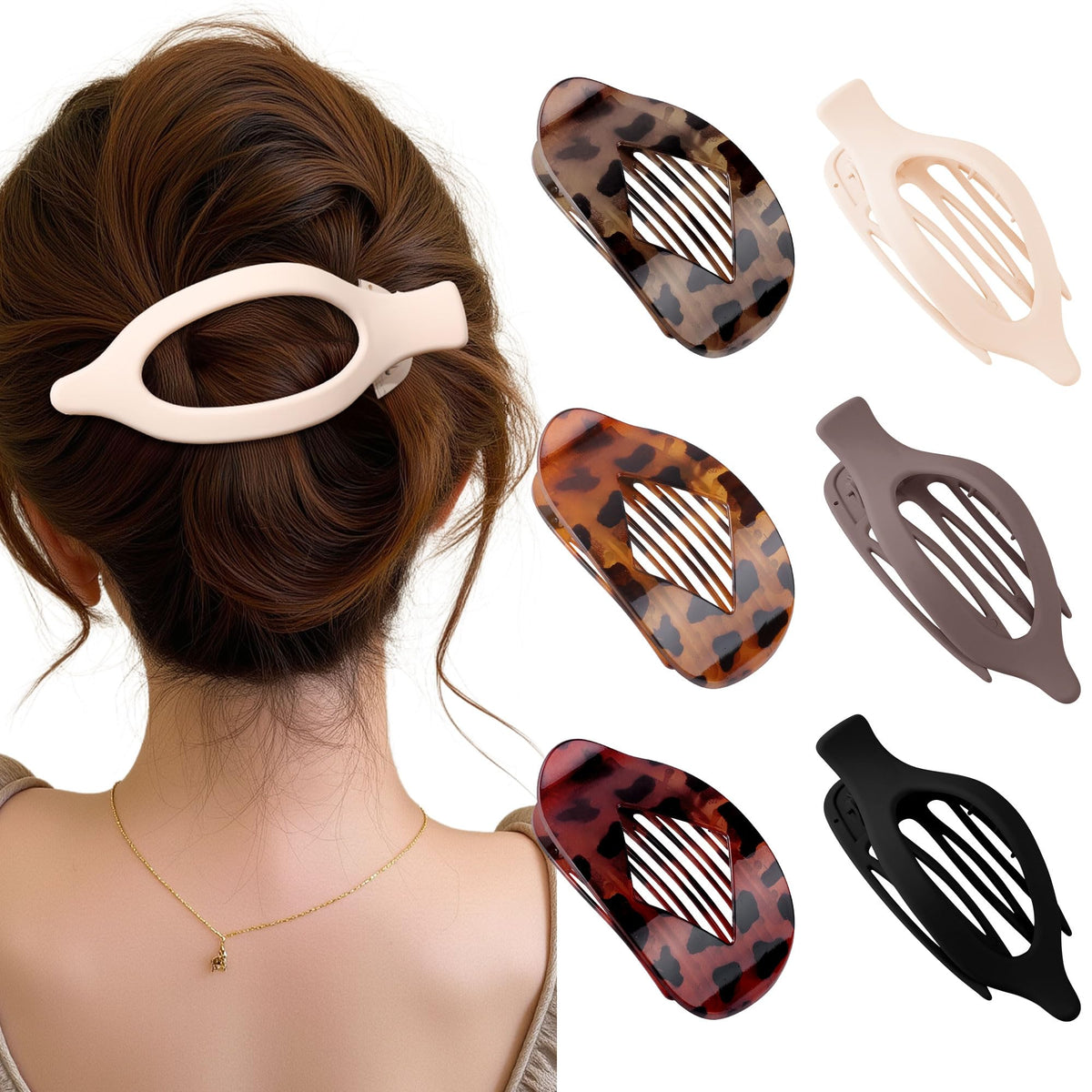 Clips Lourny planos para cabello, vista frontal, cómodo uso diario
