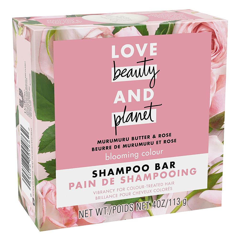Love Beauty And Planet Blooming Color Shampoo Bar, enfoque en rosas, aroma floral y cuidado del color.