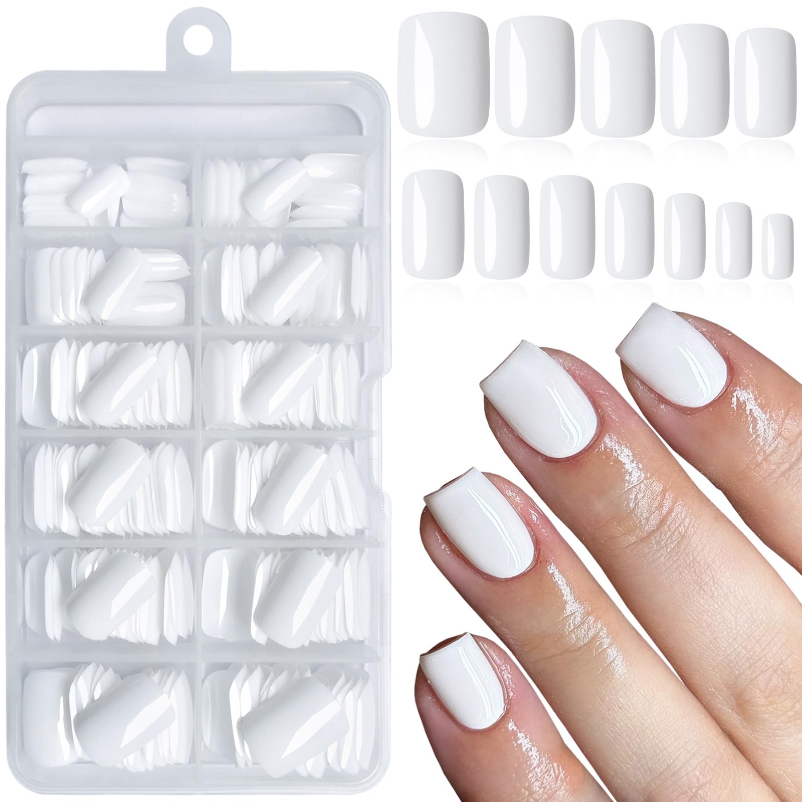 LoveOurHome uñas postizas cuadradas blancas con brillo, manicura rápida en casa