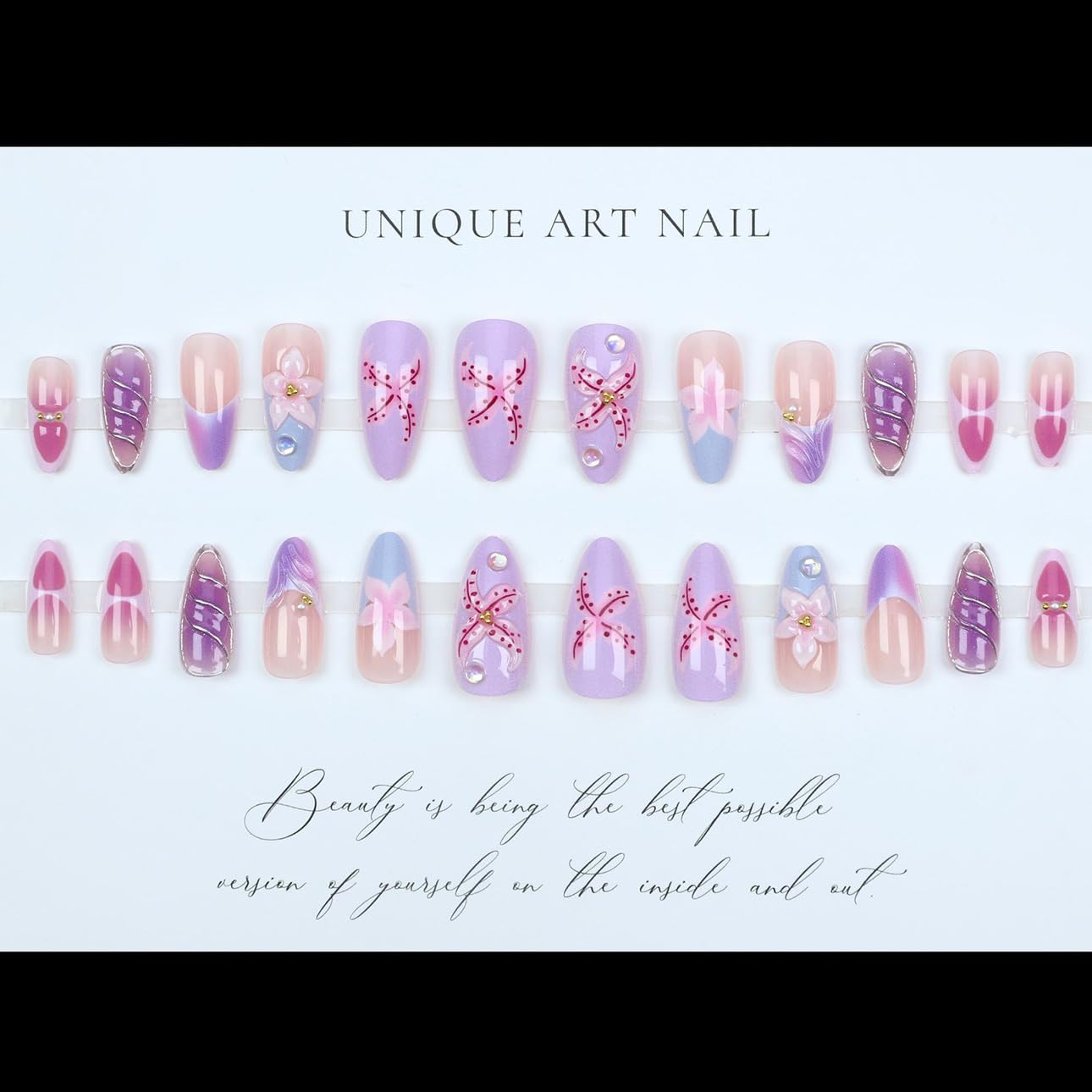 Uñas falsas LPOODDNU en forma almendra con diseño floral.