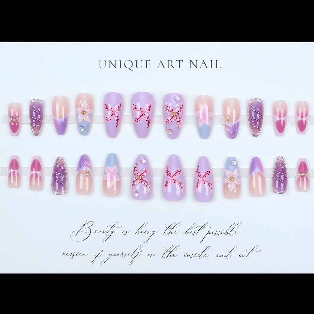 Uñas falsas LPOODDNU en forma almendra con diseño floral.