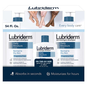 Lubriderm loción hidratante diaria sin fragancia en botellas para piel sensible y suave.