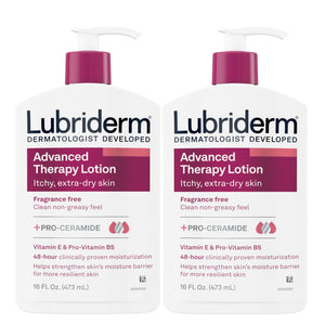 Lubriderm Terapia Avanzada loción sin fragancia en botella de 16 oz para piel sensible.