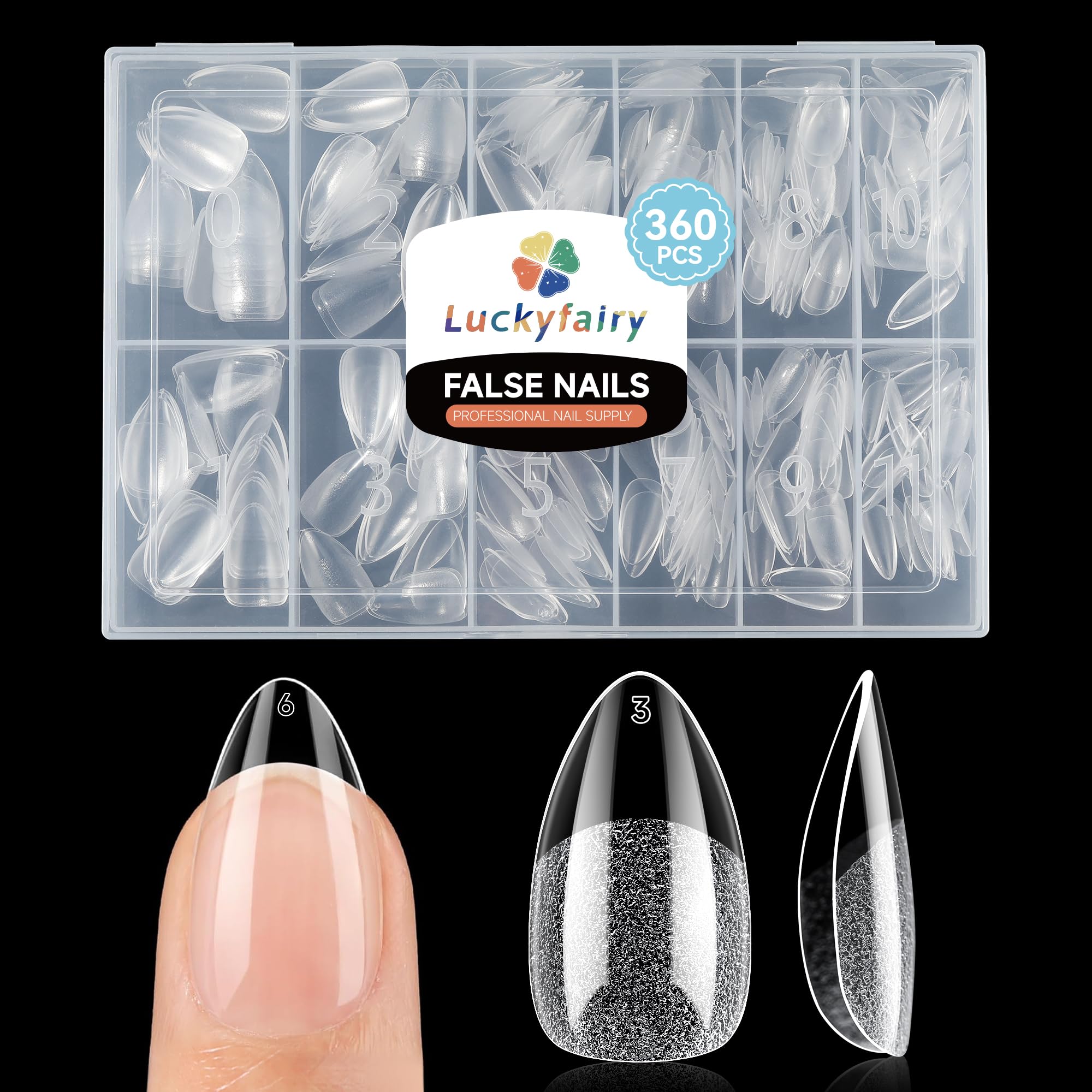 Luckyfairy uñas falsas almendra corta 360 piezas para extensiones en casa.