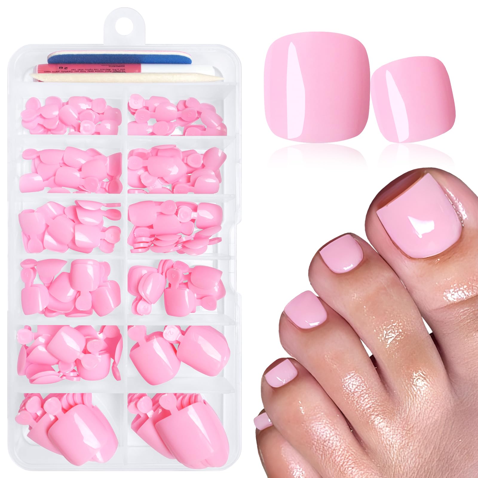 LuckForever uñas postizas para pies, forma corta cuadrada rosadas, solución rápida para pedicure.