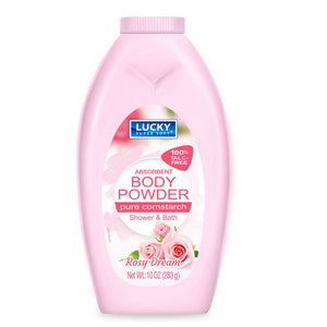 Lucky Super Soft polvo corporal Rosy Dream, absorbente y suave para uso diario tras la ducha.