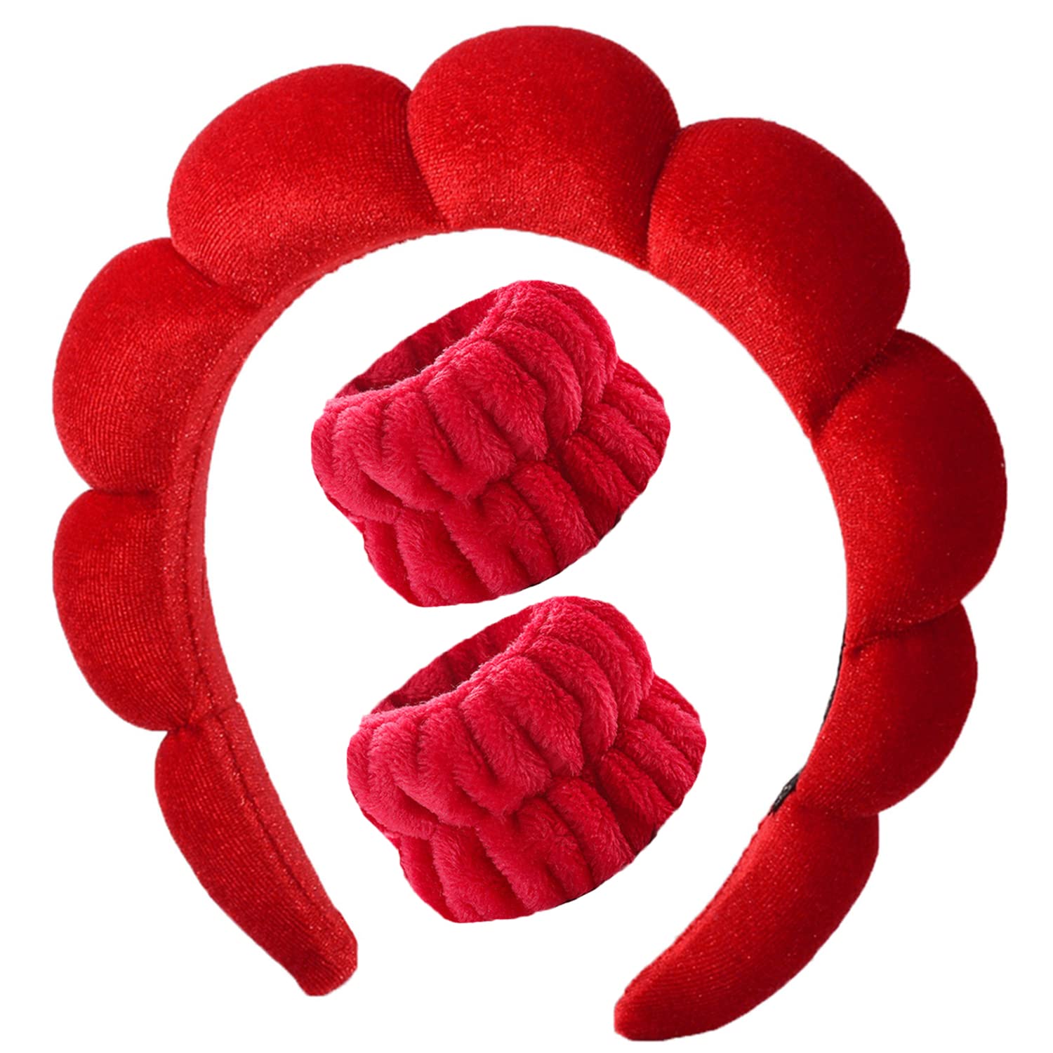 Luckybear Spa Headband frontal en terciopelo rojo, mantiene el cabello recogido durante el lavado facial.