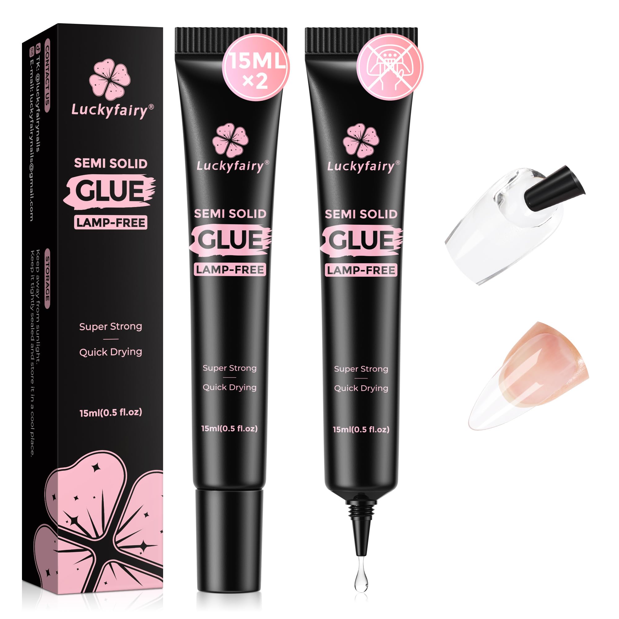 Luckyfairy pegamento uñas pegadas 4 en 1 para adherencia rápida y duradera.