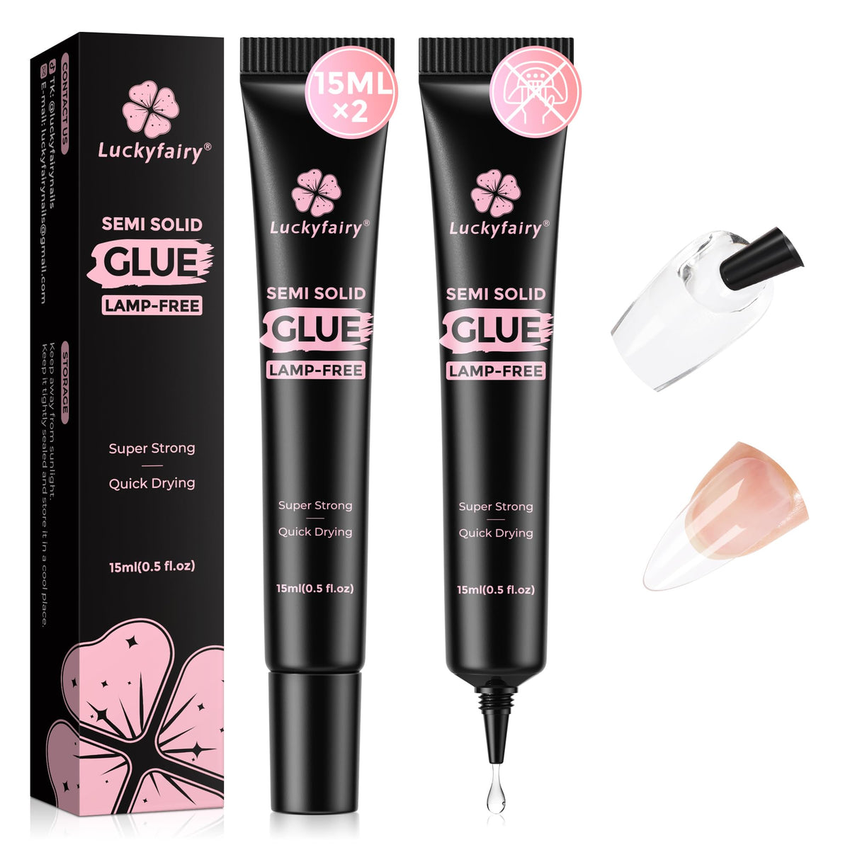 Luckyfairy pegamento uñas pegadas 4 en 1 para adherencia rápida y duradera.