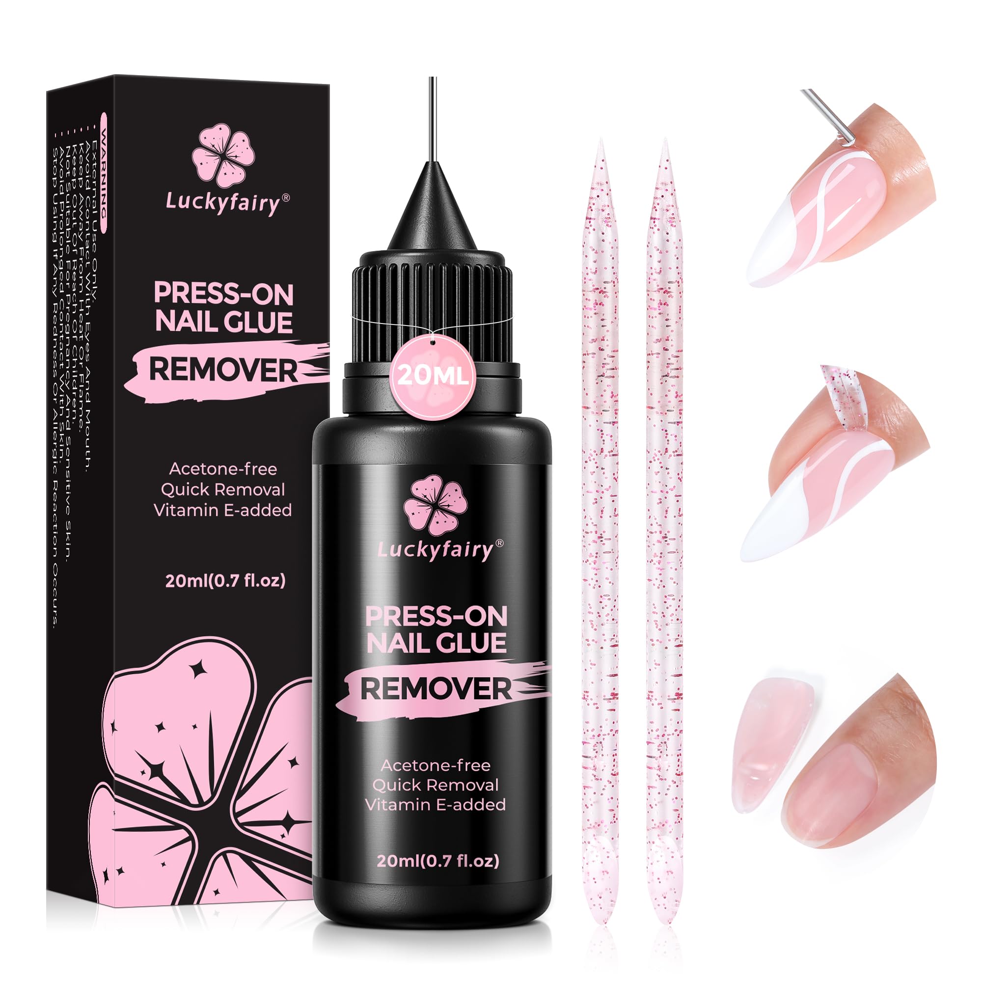 Luckyfairy quita-pegamento-uñas 20ml, elimina adhesivo rápidamente sin dañar la uña.