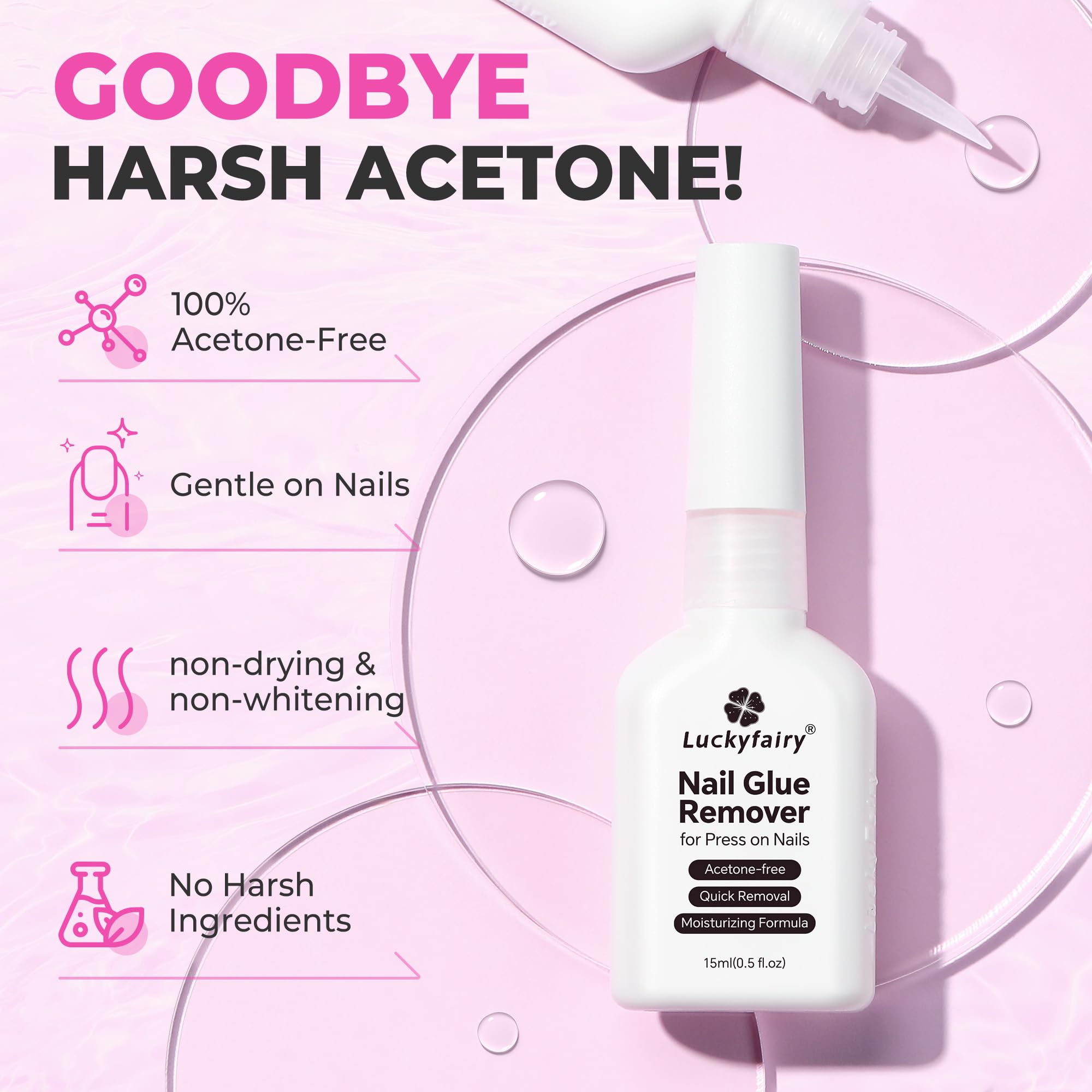 Envase de Luckyfairy Remover de 15 ml, diseño compacto para viaje.
