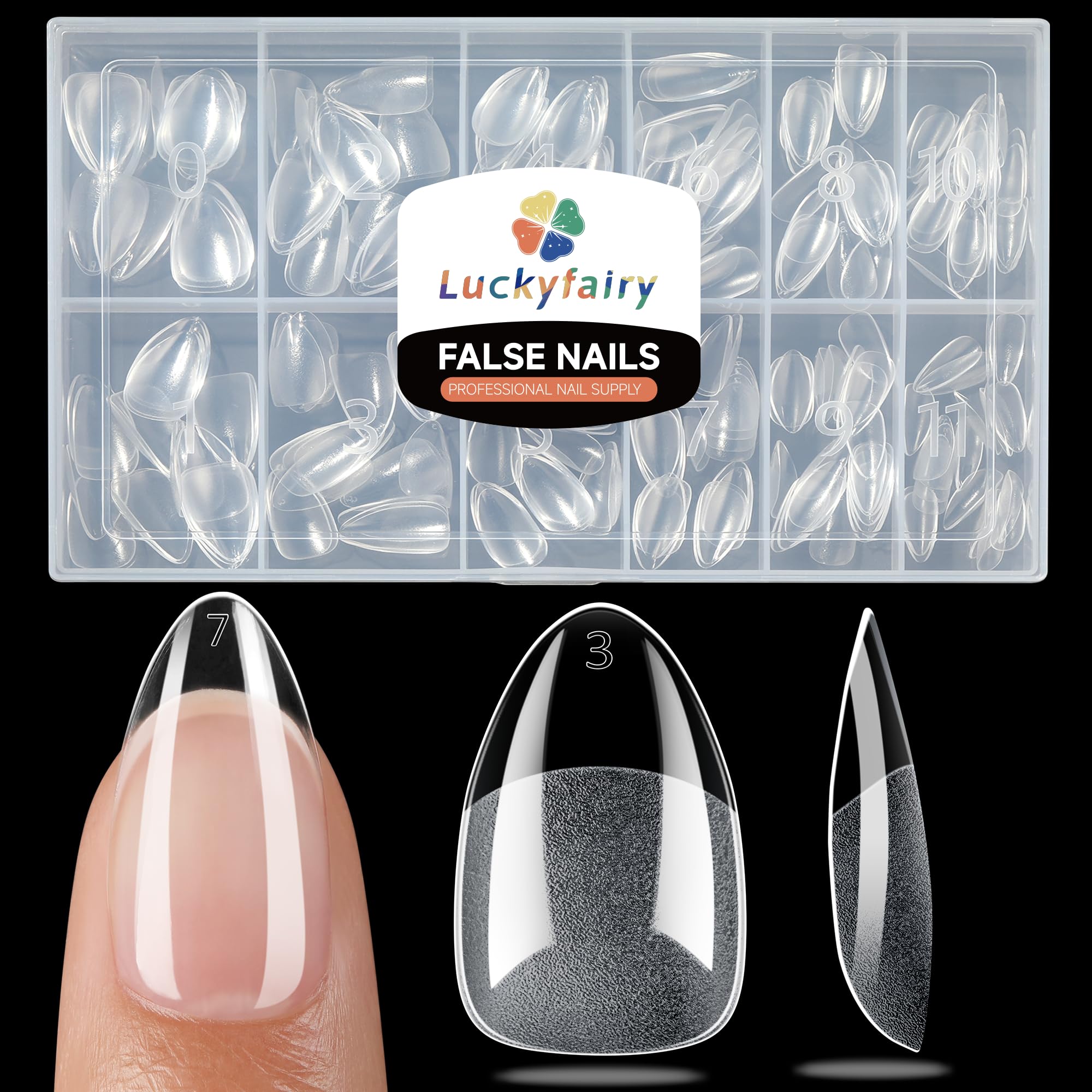 Luckyfairy tips cortos de almendra, 240 piezas en caja, ideal para manicura casera.