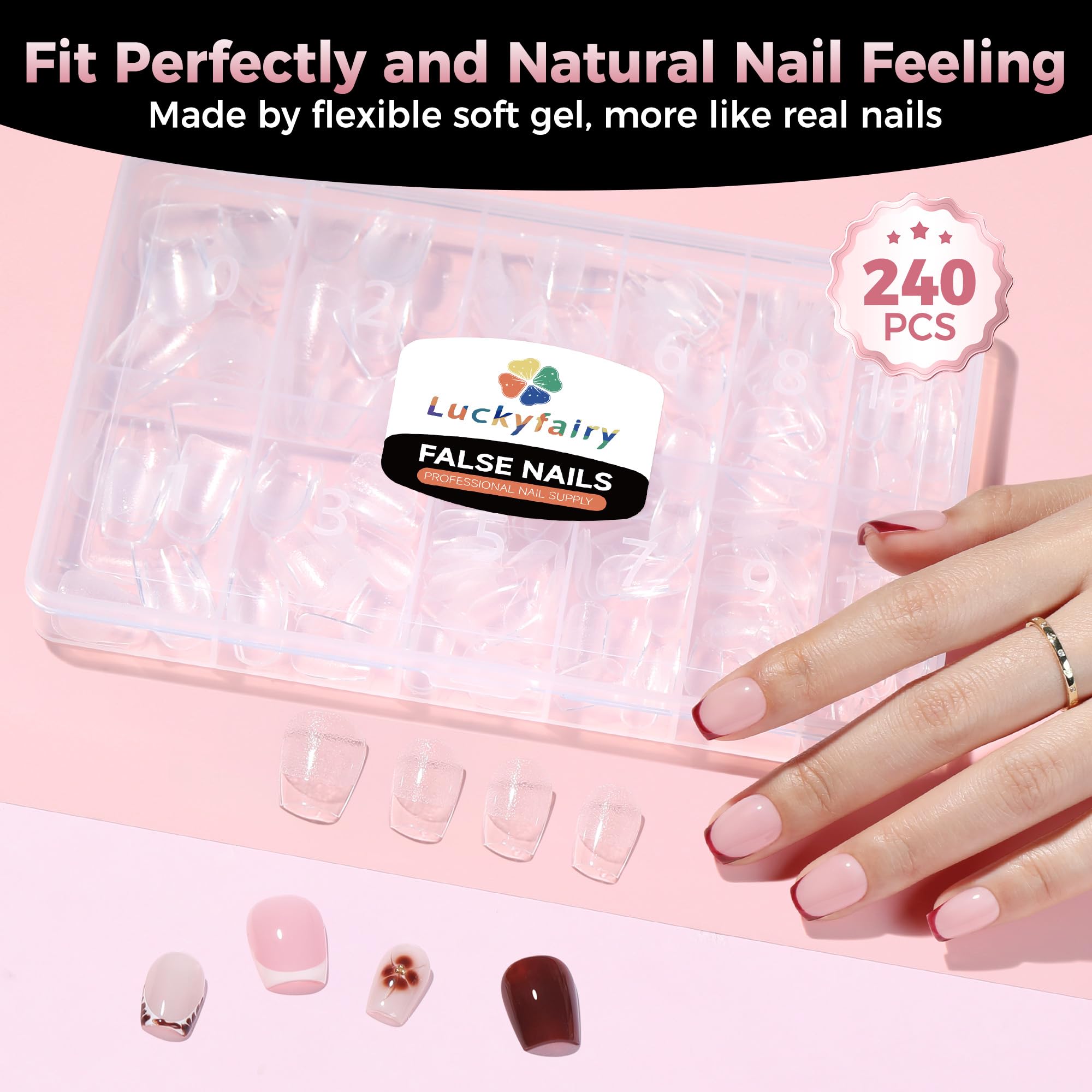 Luckyfairy tips uñas corto coffin 12 tallas incluidas permiten ajuste perfecto