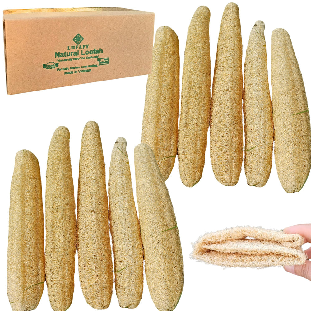 LUFAFY loofah natural en empaque plano para ducha suave y ecológica.