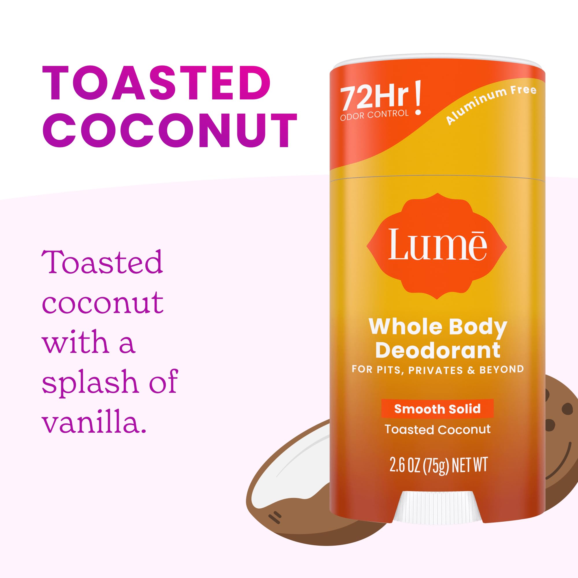 Lume desodorante coco tostado sin bicarbonato, fórmula suave.