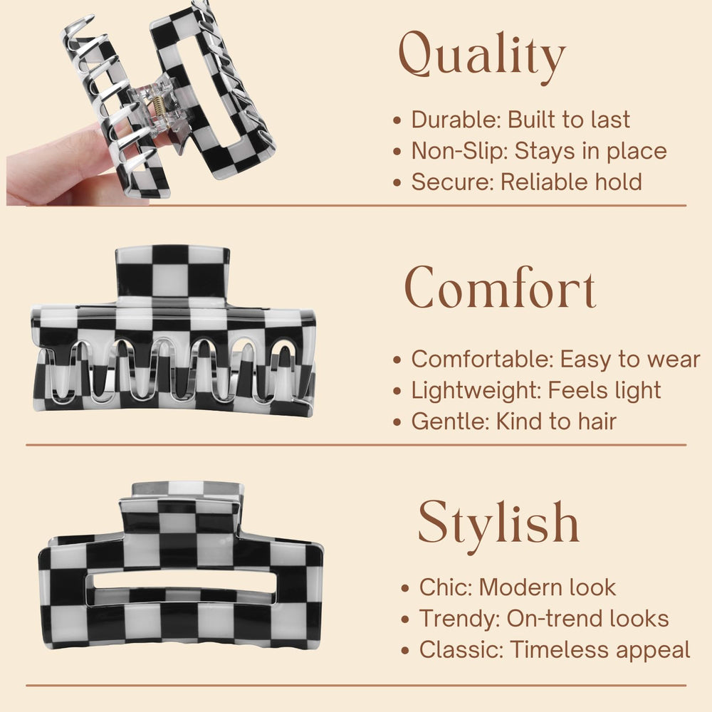 Clip LuSeren a cuadros negro blanco, rectángulo, tamaño medio, ideal para looks divertidos.