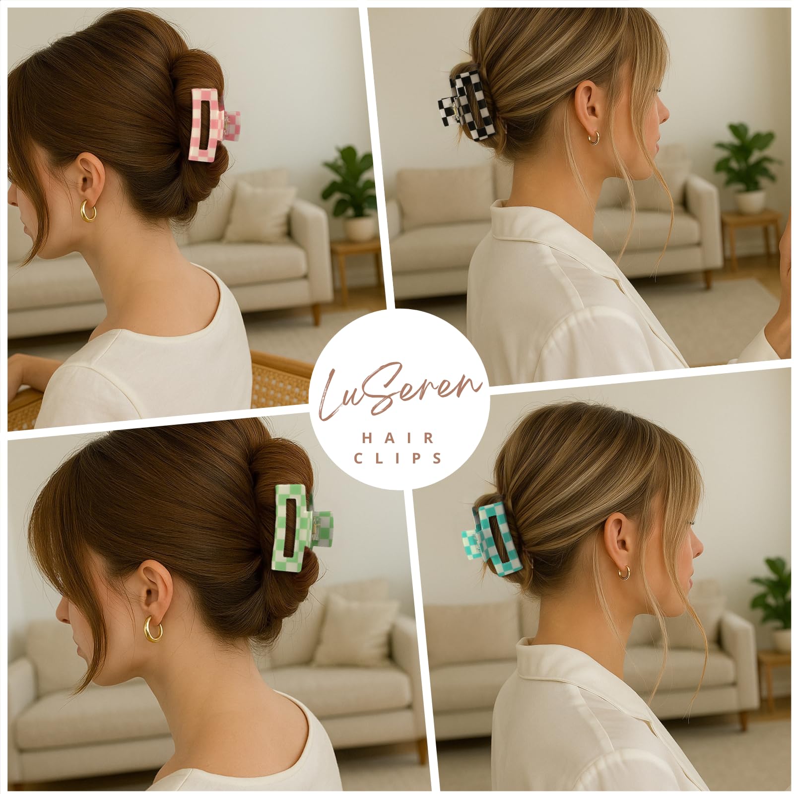 Clip LuSeren a cuadros multicolor, rectángulo, tamaño medio, perfecto para uso diario.