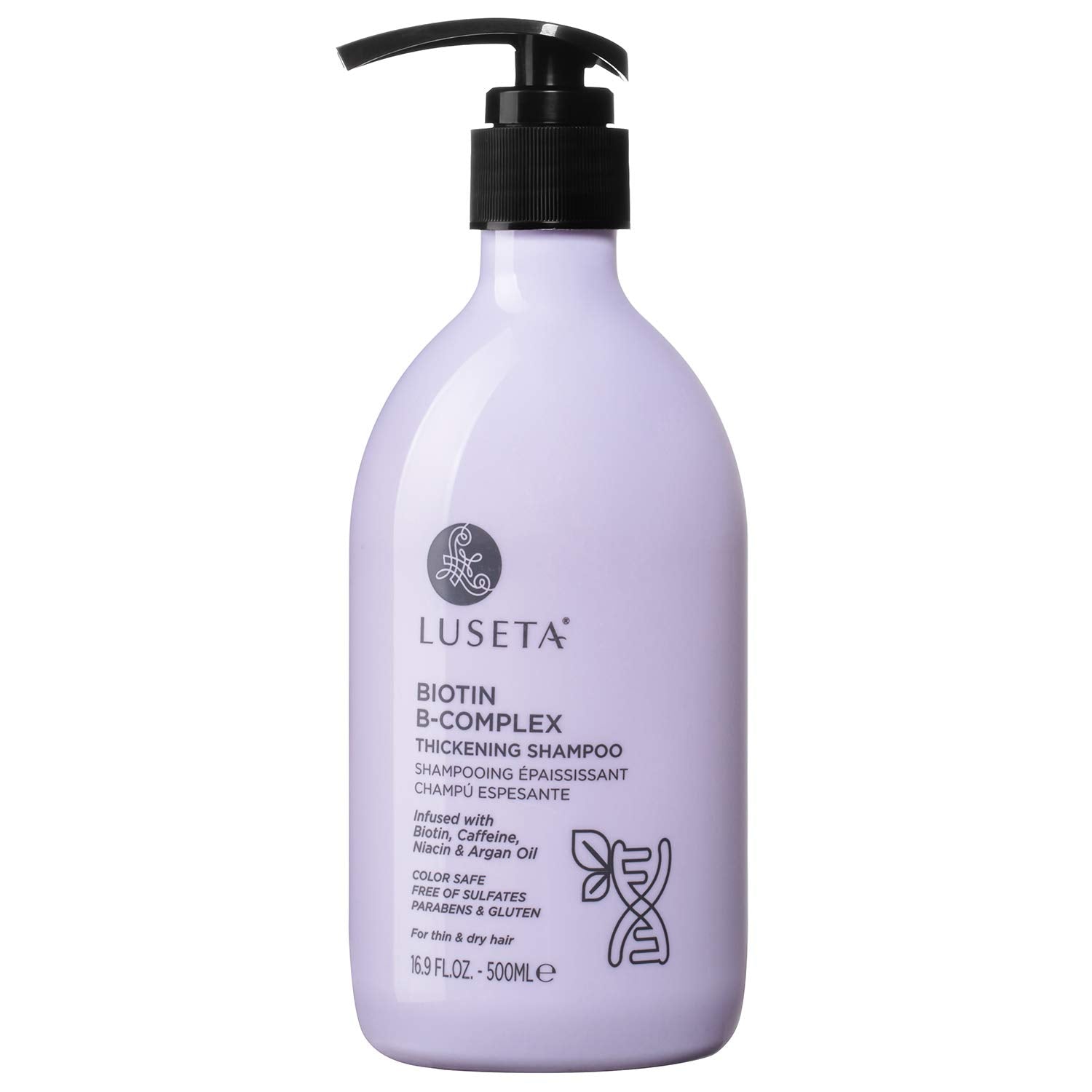 Luseta Biotina B-Complejo shampoo frente a la botella, soporta crecimiento del cabello