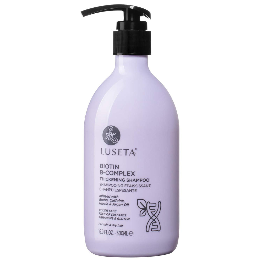 Luseta Biotina B-Complejo shampoo frente a la botella, soporta crecimiento del cabello